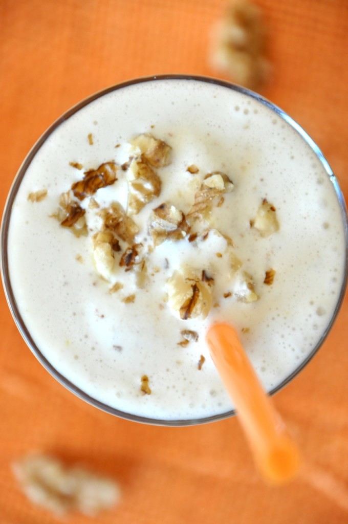 MILKSHAKE Top down shot of a delicious Honey and Walnut Spiced Protein Shake