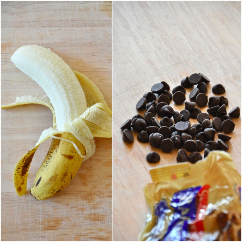 Banana and chocolate chips for making our vegan Chocolate Chip Oatmeal Cookie Pancakes recipe