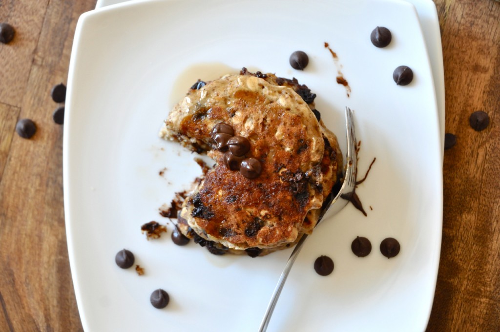 Top down shot of a plate of vegan Chocolate Chip Oatmeal Cookie Pancakes