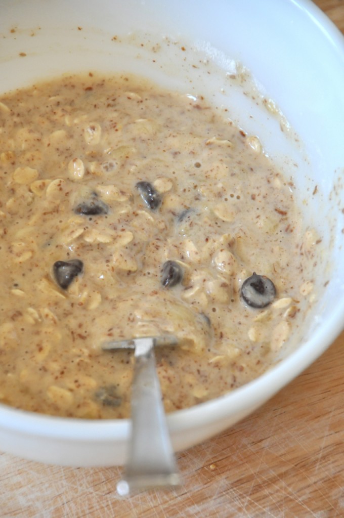 Bowl of batter for making incredible Chocolate Chip Oatmeal Pancakes