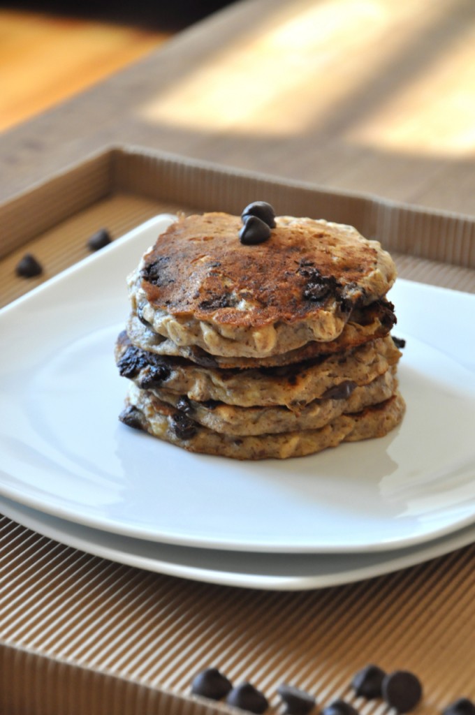 Stack of homemade vegan Chocolate Chip Oatmeal Cookie Pancakes