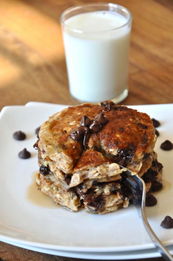 Stack of Chocolate Chip Oatmeal Pancakes and a glass of almond milk