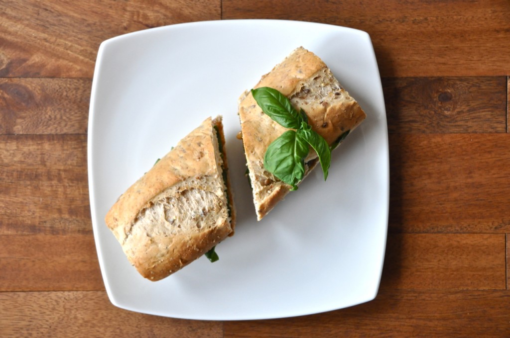pb basil sandwich Halved Basil and Peanut Butter Sandwich on a plate