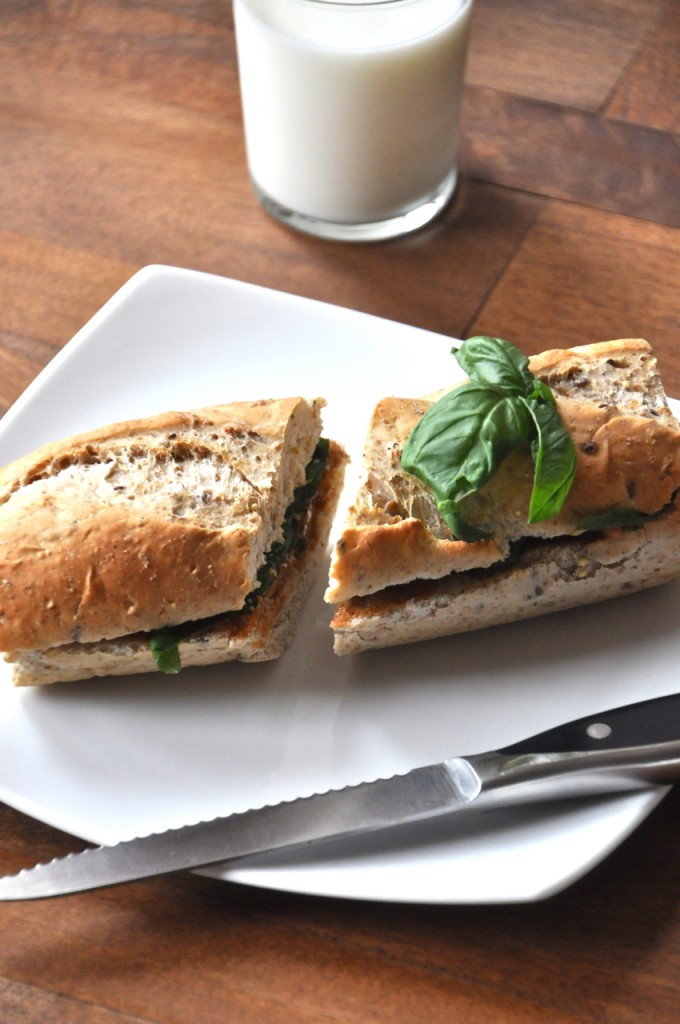 peanut butter basil sandwich1 Glass of almond milk and a Basil and Peanut Butter Sandwich for a simple vegan lunch