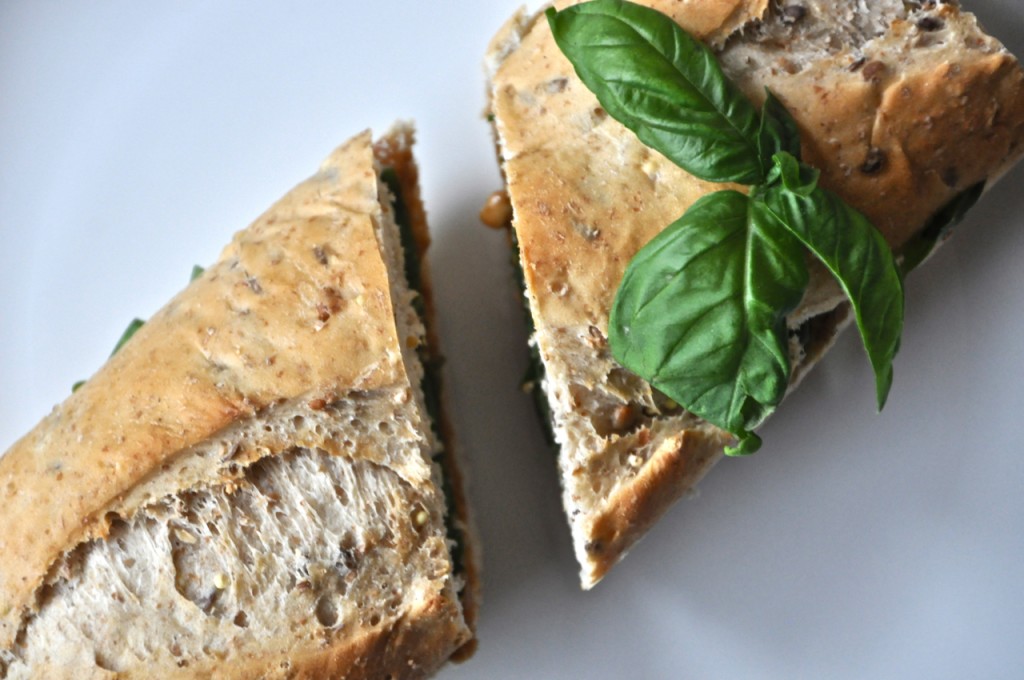 peanut butter basil sandwich2 Plate with a Basil and Peanut Butter Sandwich on top