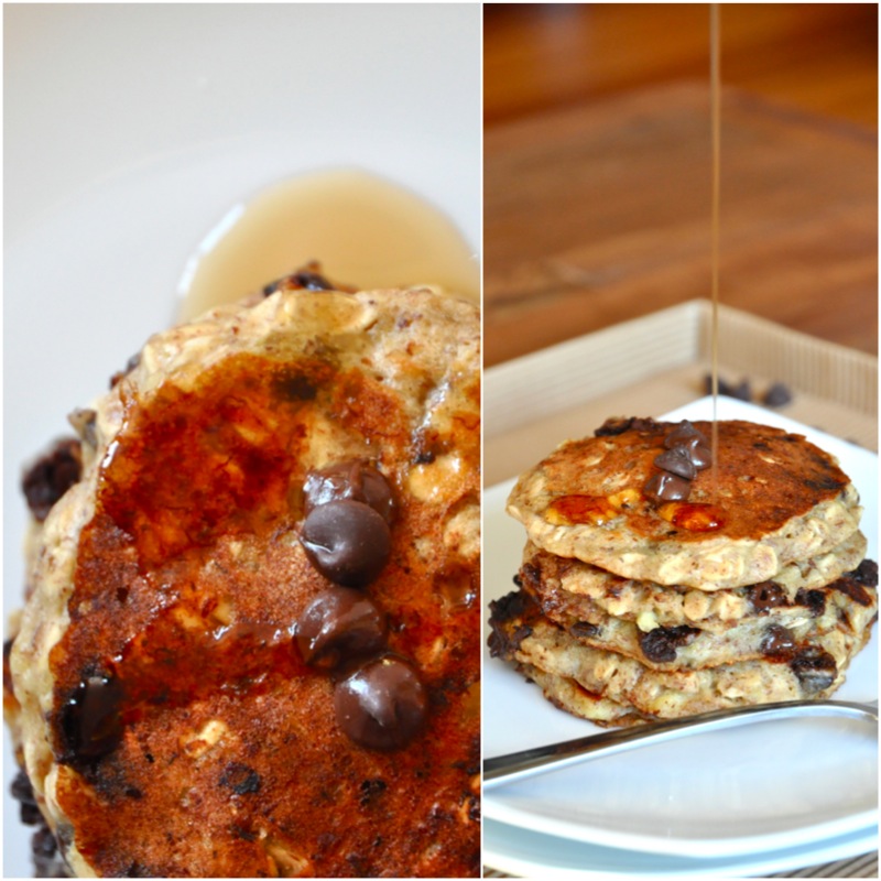 Drizzling syrup onto a stack of Chocolate Chip Oatmeal Cookie Pancakes for a delicious vegan breakfast