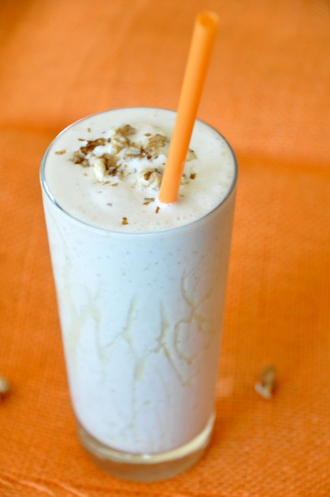 tasty protein shake Tall glass of our Honey and Walnut Spiced Protein Shake recipe