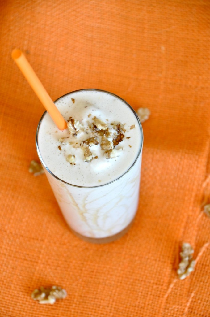toasted walnut honey protein shake Tall glass of our Honey and Walnut Spiced Protein Shake for a simple and delicious breakfast
