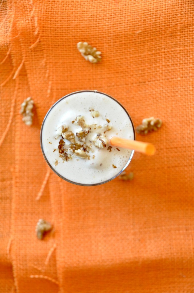 toasted walnut honey protein shake1 Top down shot of a Honey and Walnut Spiced Protein Shake with chopped walnuts on top