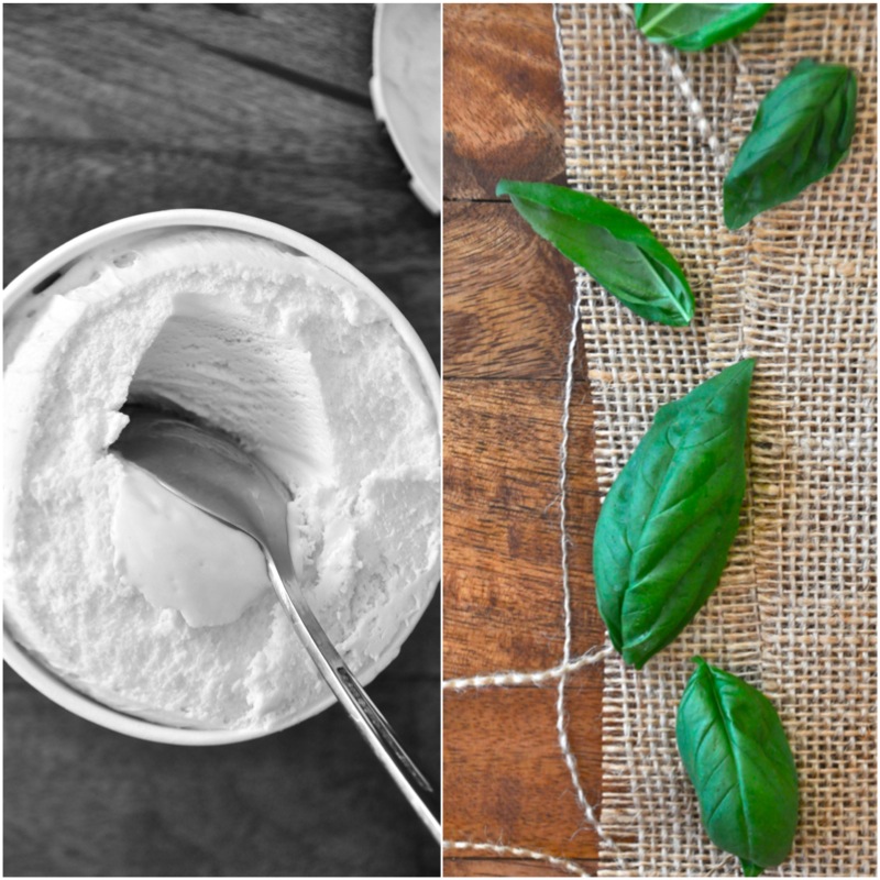 basil and ice cream Vanilla ice cream and fresh basil leaves for making a simple and delicious milkshake