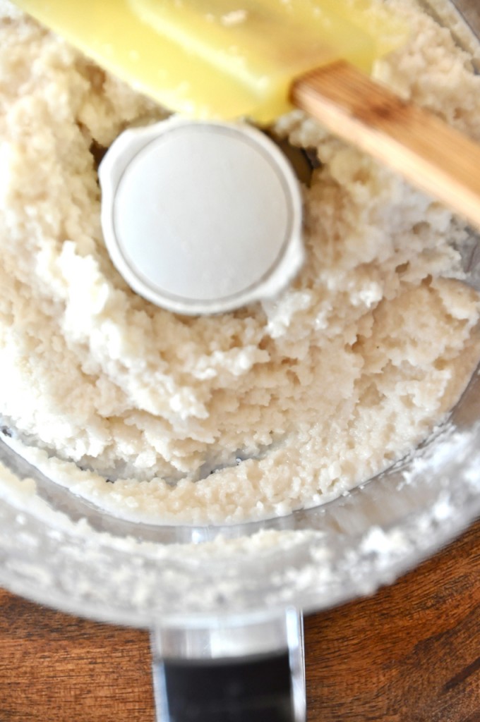 coconut cream filling Homemade coconut butter in a food processor for making Oreo Cookie Pancakes
