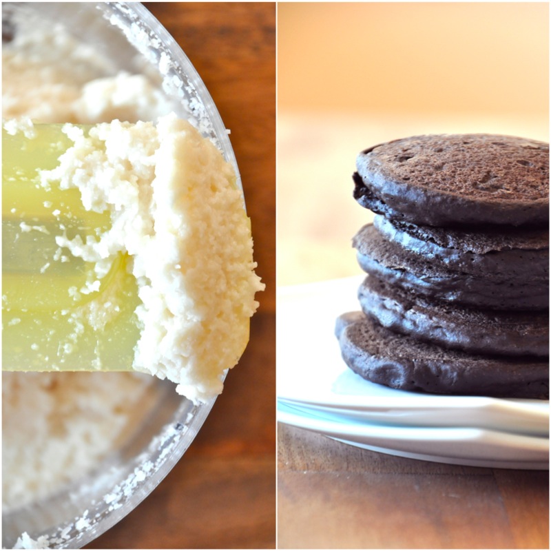 oreo pancakes and frosting Food processor of coconut butter for spreading between Chocolate Pancakes