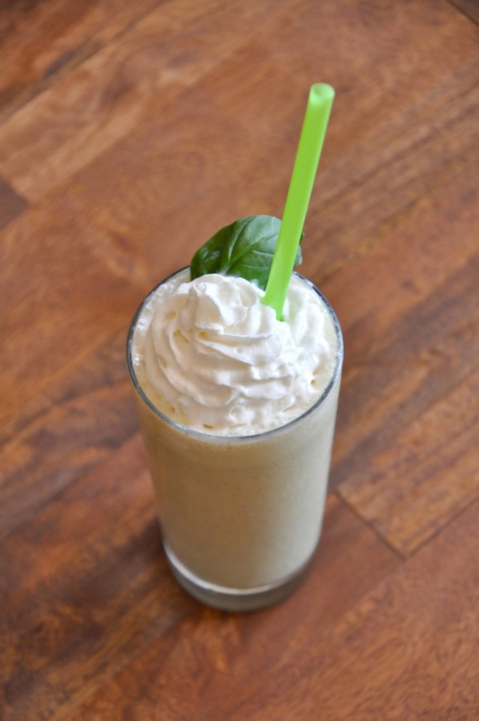 peanut butter basil milkshake 5 Tall glass filled with our Peanut Butter and Basil Milkshake recipe