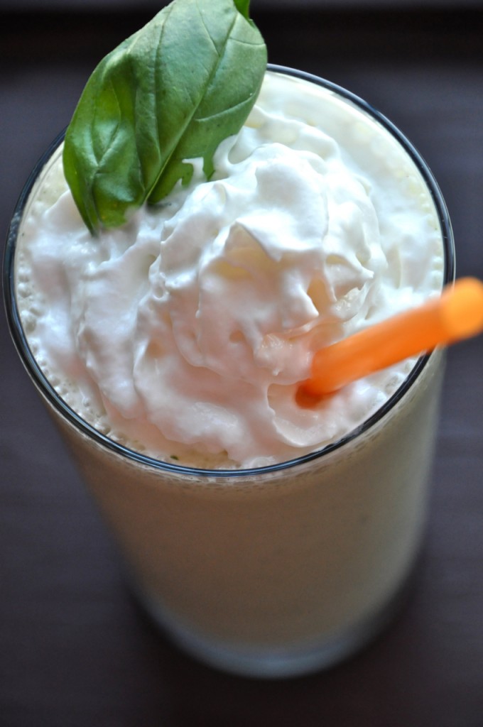 peanut butter basil milkshakes Tall glass of our Peanut Butter and Basil Milkshake recipe topped with whipped cream