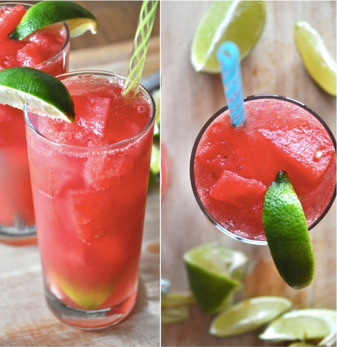 Adult Watermelon Limeades!! Tall glasses of our Watermelon Limeade Cocktails with fresh lime wedges