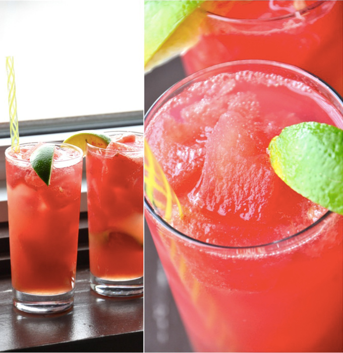 Adult Watermelon-Limeades!! Tall glasses of Watermelon Limeade Cocktails with lime wedges on the rims