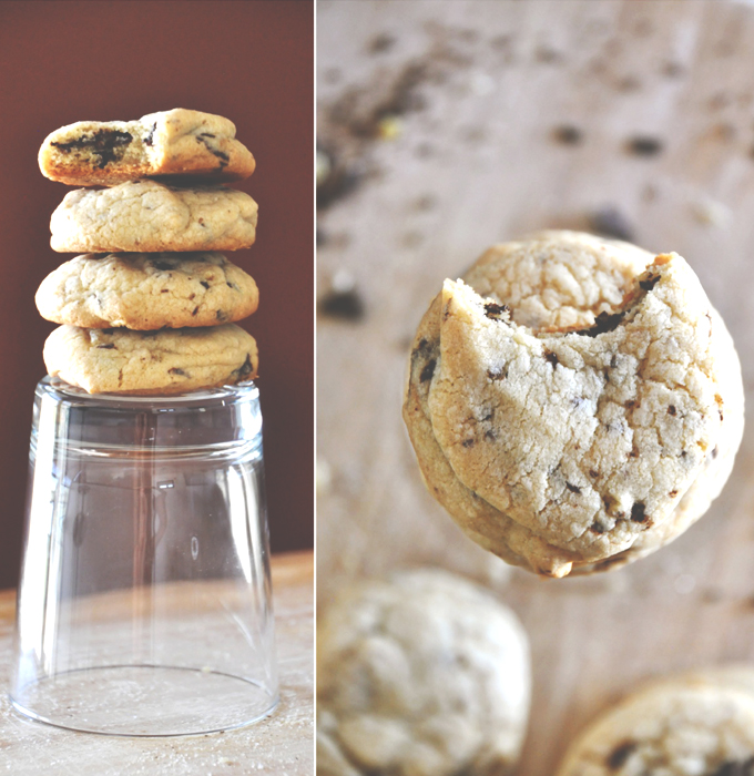 Candied Ginger Chocolate Chip Cookies!! Batch of our Ginger & Sea Salt Chocolate Chip Cookies resting on a turned over glass