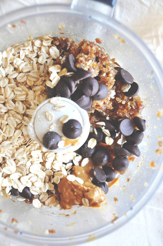 No Bake Cookie Bars!! Food processor filled with ingredients for making No-Bake Cookie Bars