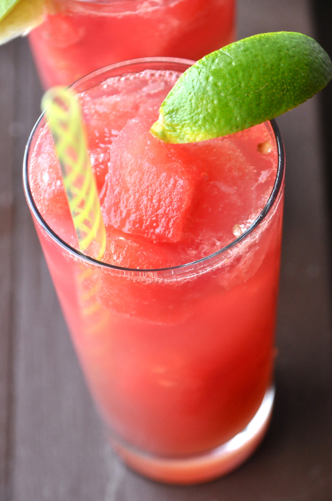 Grown Up Watermelon-Limeades! Two glasses filled with our Watermelon Limeade Cocktails recipe