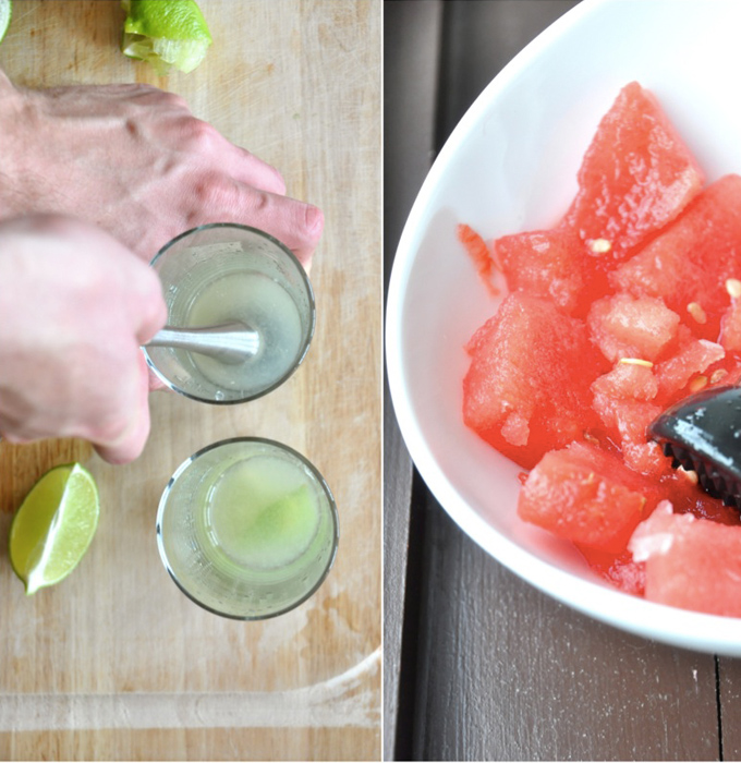 Lime and watermelon juice Using a muddler to infuse lime into our Watermelon Limeade Cocktails