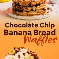 Side and top angled shots of a stack of Chocolate Chip Banana Bread Waffles