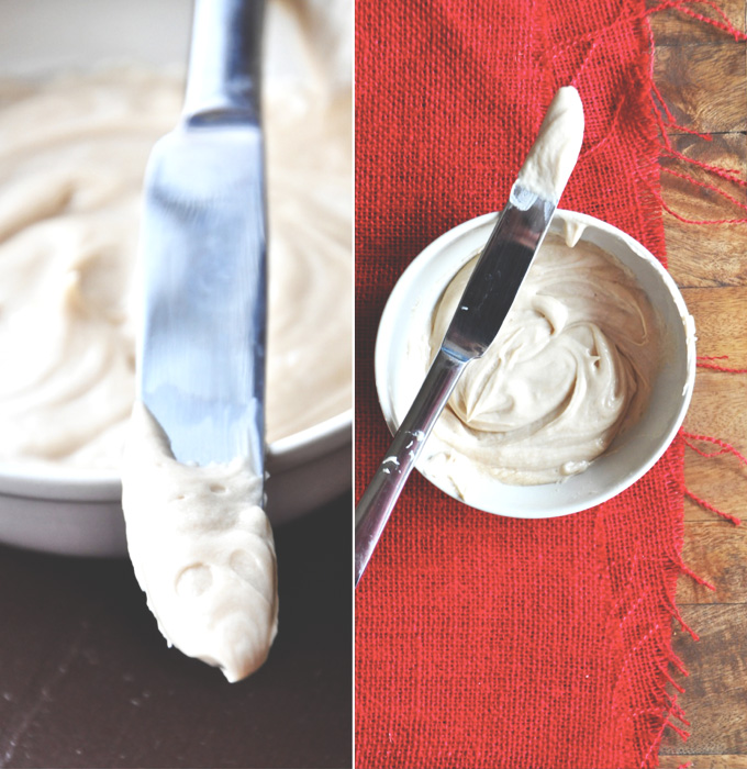 Maple Frosting! Bowl and knife of frosting for topping our delicious French Toast Sugar Cookies recipe
