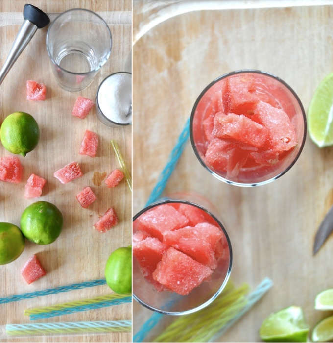 Watermelon Ice Cubes. Glasses alongside fresh limes and watermelon for making delicious summery cocktails