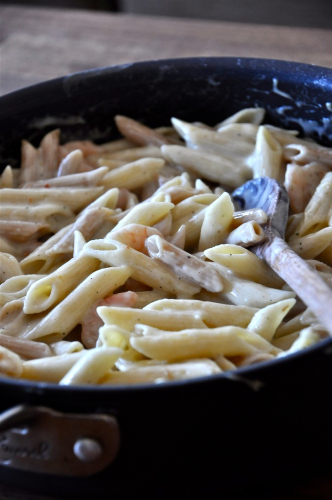 Big pan of Healthy Alfredo Pasta with Shrimp