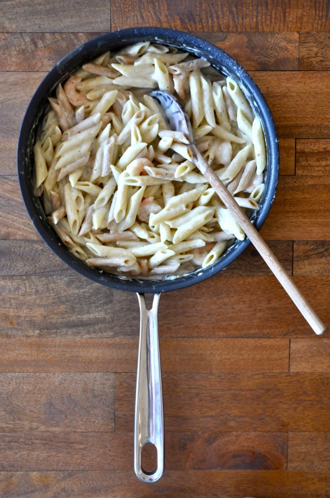 Big pan of Shrimp Alfredo Pasta made with healthy homemade Alfredo Sauce