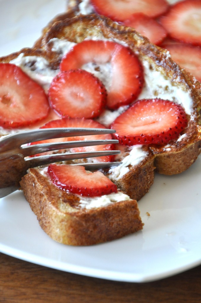 minimalist baker strawberry danish french toast4 Using a fork to grab a bite of Strawberry Danish French Toast made with fresh strawberries