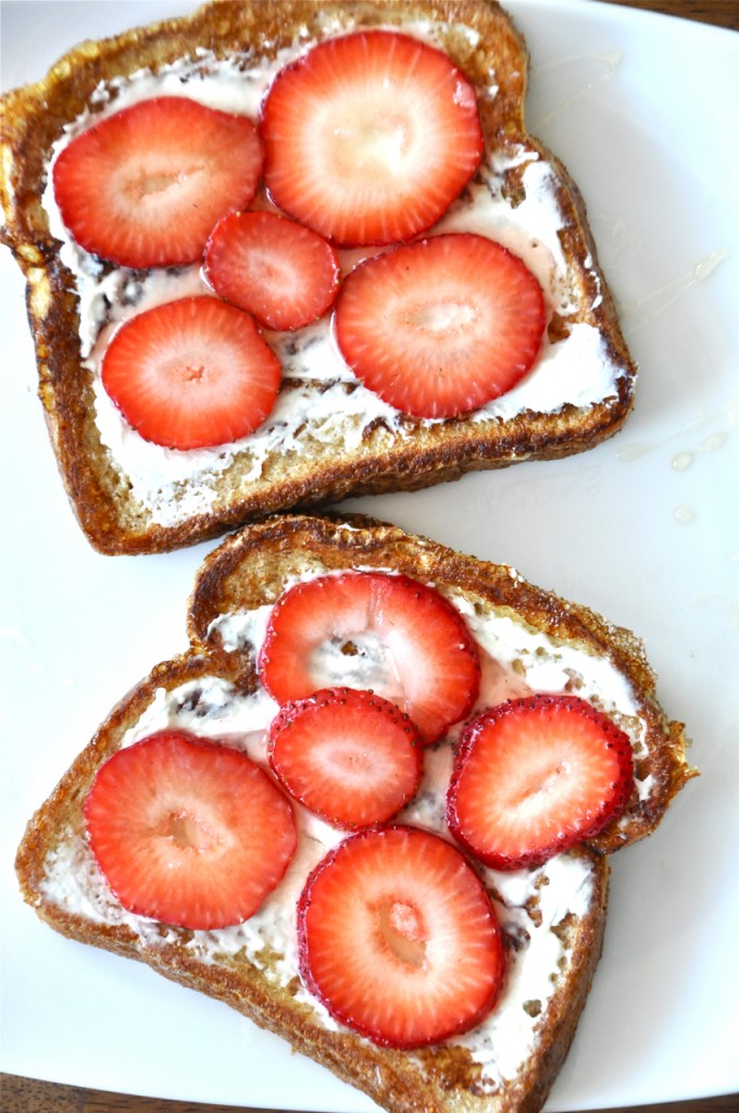 minimalist baker strawberry danish french toast9 Plate with slices of toast topped with cream cheese and strawberries