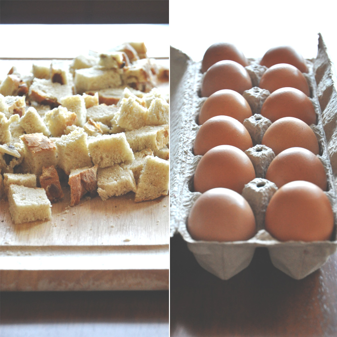 French Toast Ingredients Cubes of bread and eggs for making Pumpkin French Toast Bake