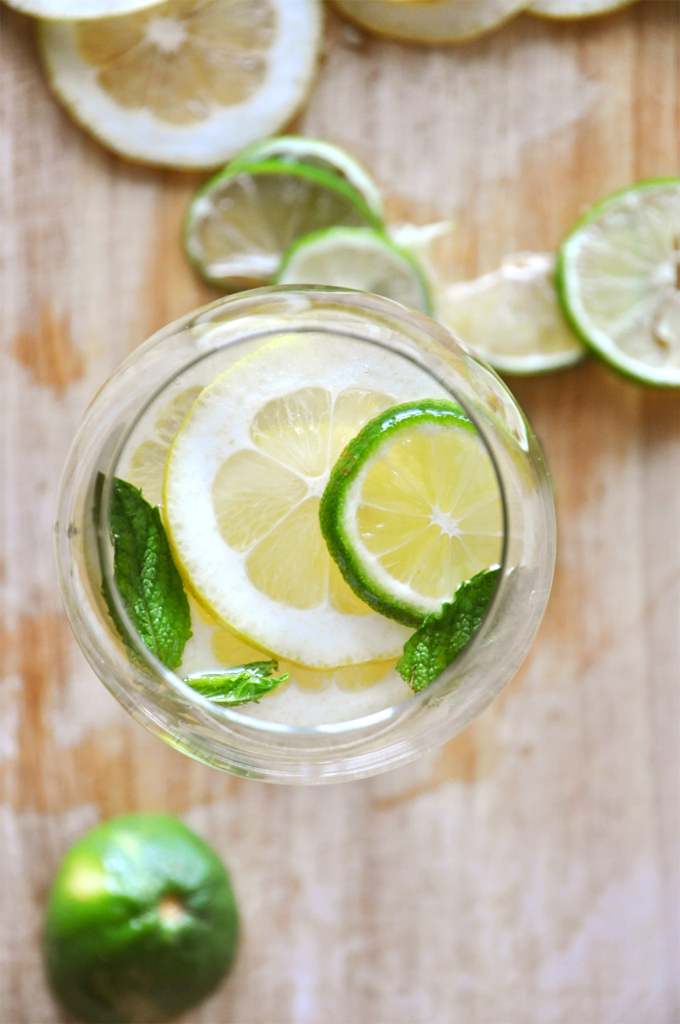 Top down shot of a wine glass filled with Mint and Citrus White Wine Sangria