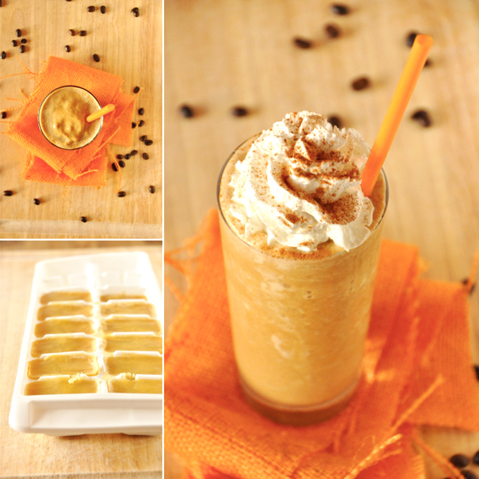 Low-cal Pumpkin Frappuccino! Pumpkin ice cubes and homemade Pumpkin Frappuccinos with and without whipped cream