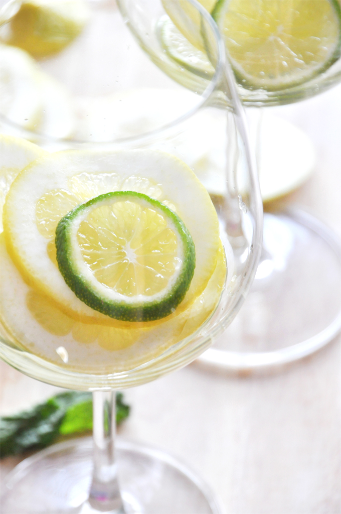 Wine glasses with fresh lemon and lime slices for making our homemade White Wine Sangria recipe