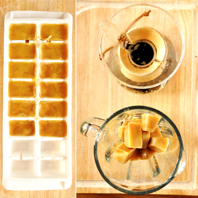 Pumpkin Frappuccino!! Ice cube tray with pumpkin milk ice cubes and coffee for making homemade Pumpkin Frappuccinos