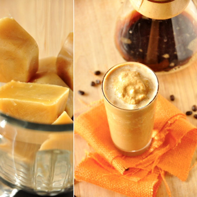 Pumpkin Frappuccino! Pumpkin milk ice cubes and a tall glass of our delicious homemade Pumpkin Frappuccino recipe