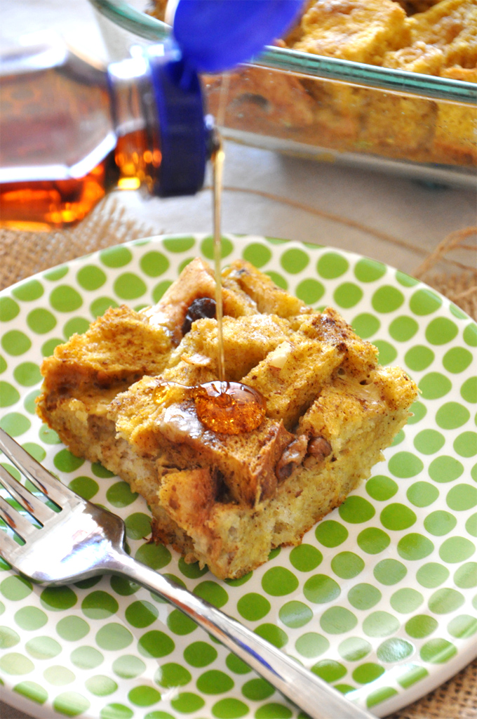 Pumpkin French Toast! the Minimalist Baker Drizzling maple syrup onto a slice of our Pumpkin French Toast Bake recipe