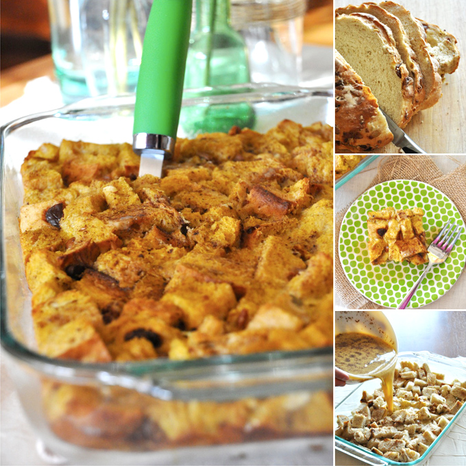 Pumpkin French Toast! Series of photos showing the progression of making our Pumpkin French Toast Bake