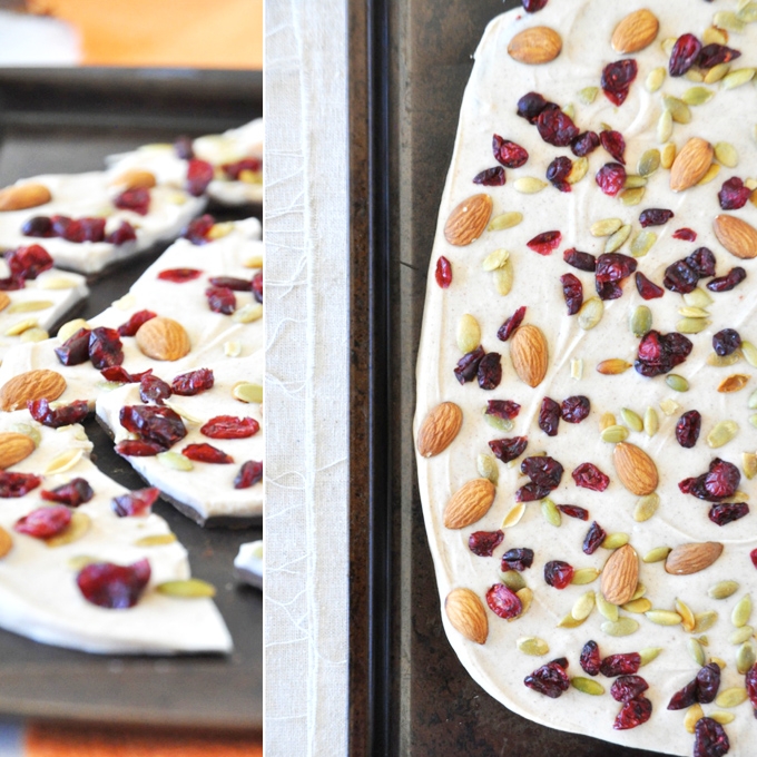 Simple Pumpkin Bark! by minimalist baker Batch of gluten-free vegan Pumpkin Bark on a baking sheet