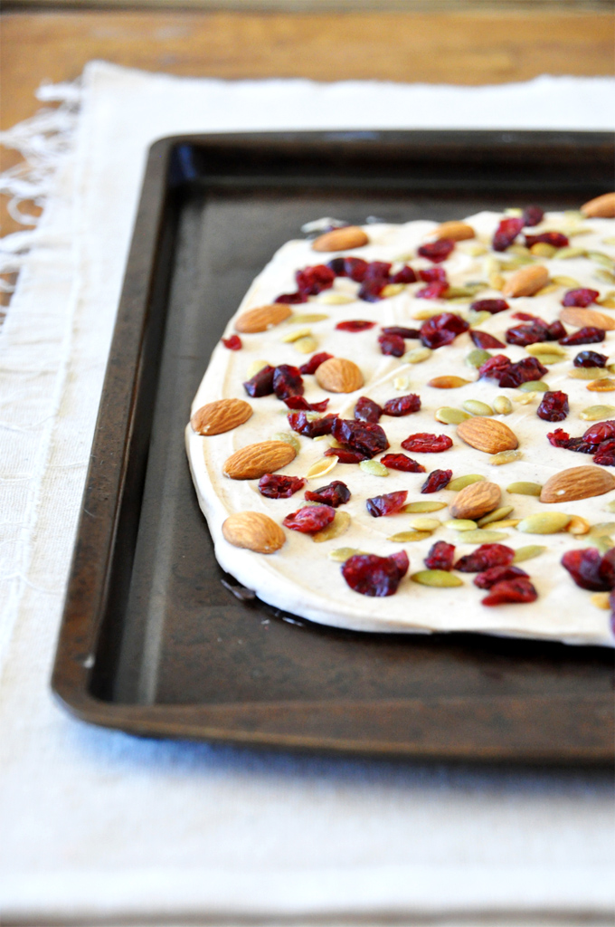 Simple Pumpkin Bark Baking sheet with a batch of our homemade Pumpkin Bark recipe