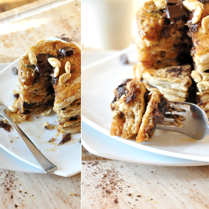 Bite removed from a stack of our Vegan Snickers Pancakes recipe
