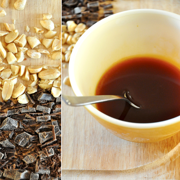 Dark chocolate, peanuts, and a bowl of caramel for making Vegan Snickers Pancakes