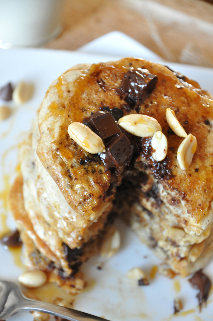 Close up shot of homemade Snickers Pancakes for a delicious vegan breakfast