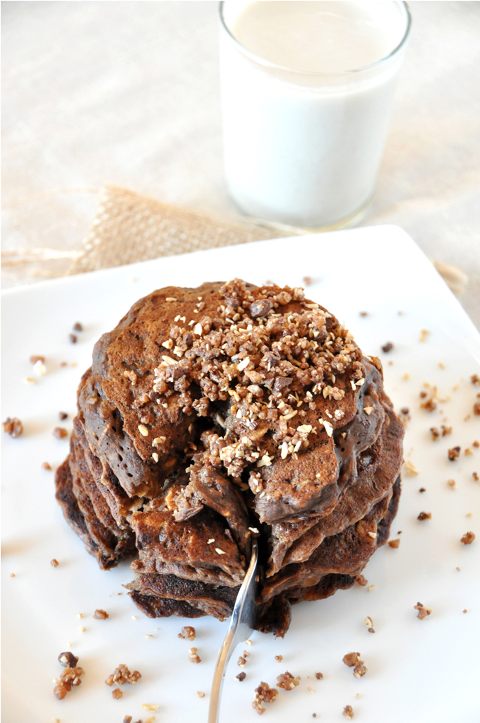 Vegan No Bake Cookie Pancakes! Using a fork to grab a big bite of No-Bake Cookie Pancakes