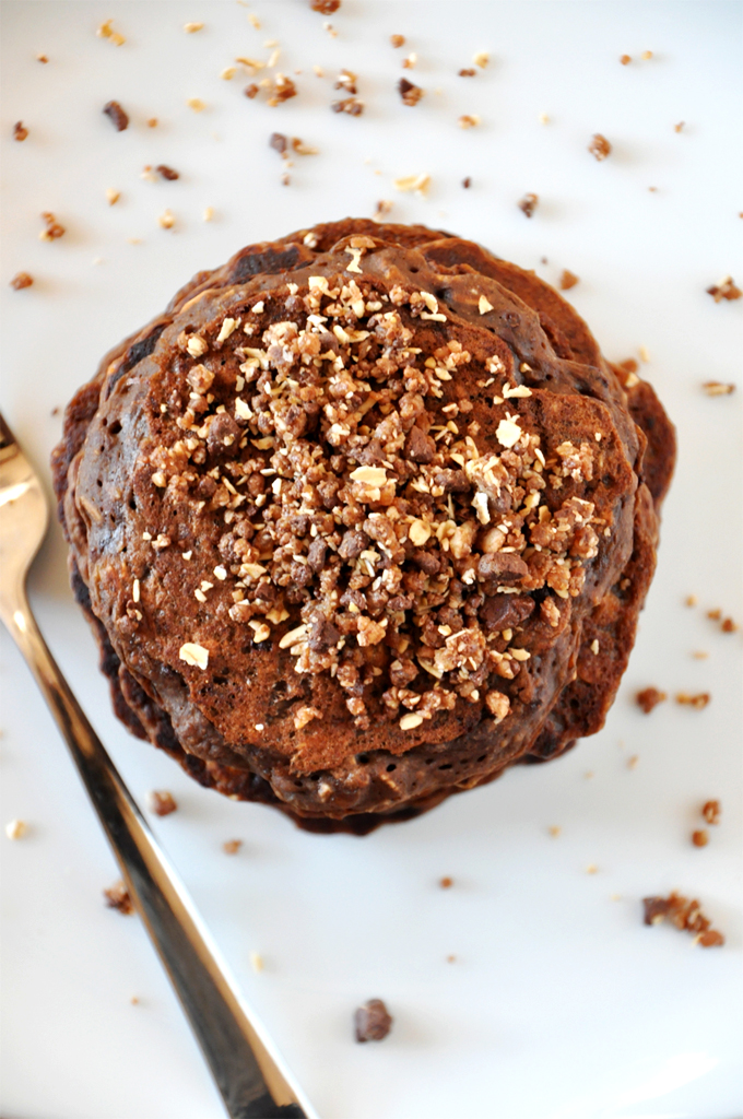 Vegan No Bake Cookie Pancakes!!! Top down shot of a stack of our delicious No-Bake Cookie Pancakes recipe