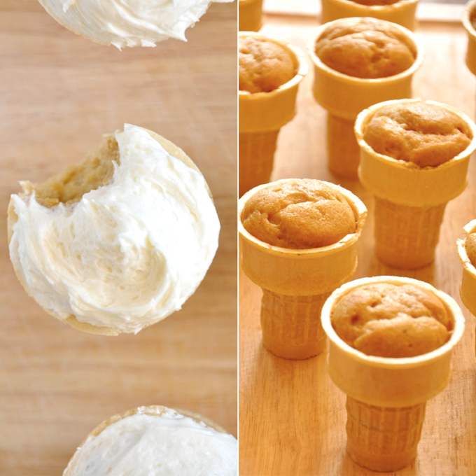 Ice cream cones filled with Vegan Peach Cupcakes and topped with Honey Buttercream Frosting