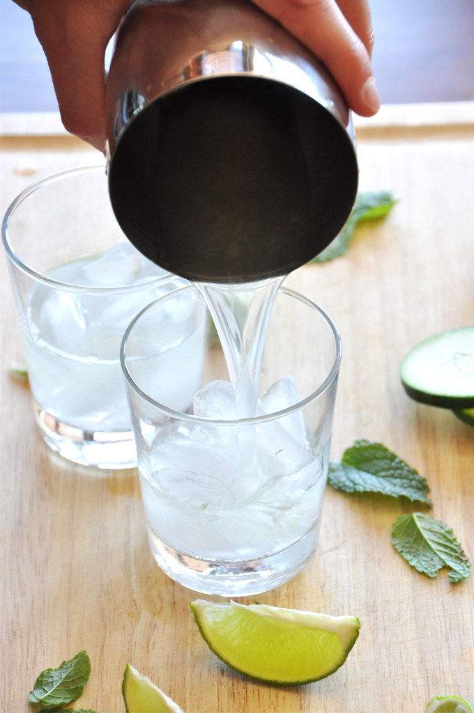 cucumber coolers! minimalist baker Pouring two glasses of our Cucumber Cooler Cocktails recipe