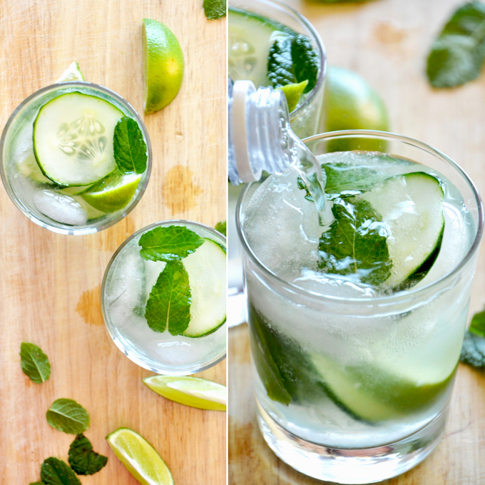 cucumber coolers! so easy and delicious Glasses of our Cucumber Cooler Cocktails made with mint, cucumbers, and fresh lime