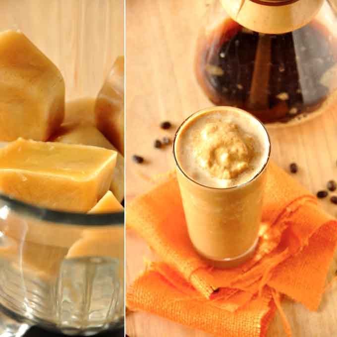 low-calorie pumpkin frappuccino! Blender and glass filled with our delicious homemade Pumpkin Frappuccino recipe